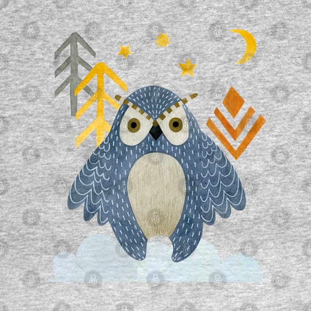 Blue night owl, owl illustration by LollysLane